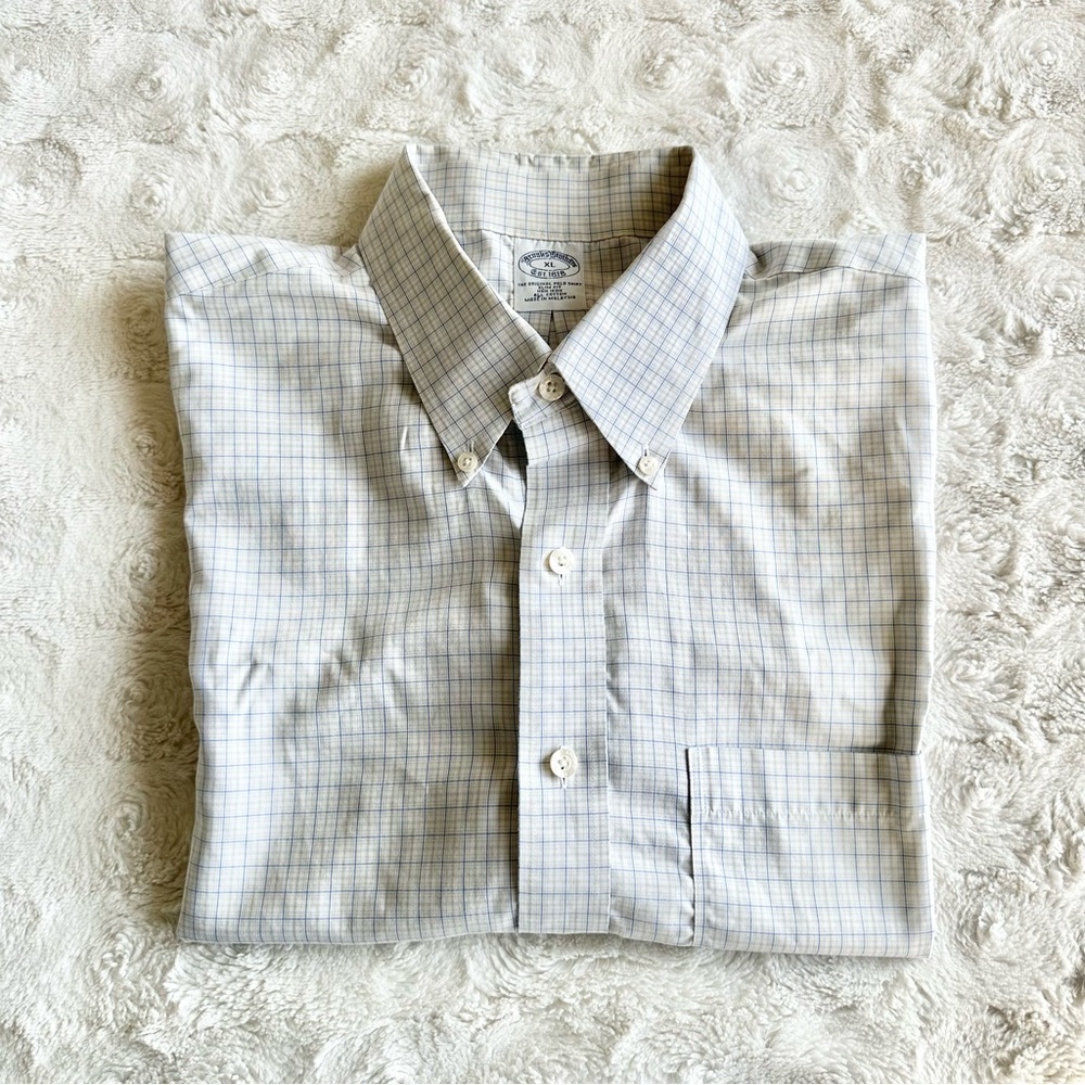 Brooks Brothers Shirt Mens XL Gray Button Down Check Pocket Slim Fit Non Iron SS